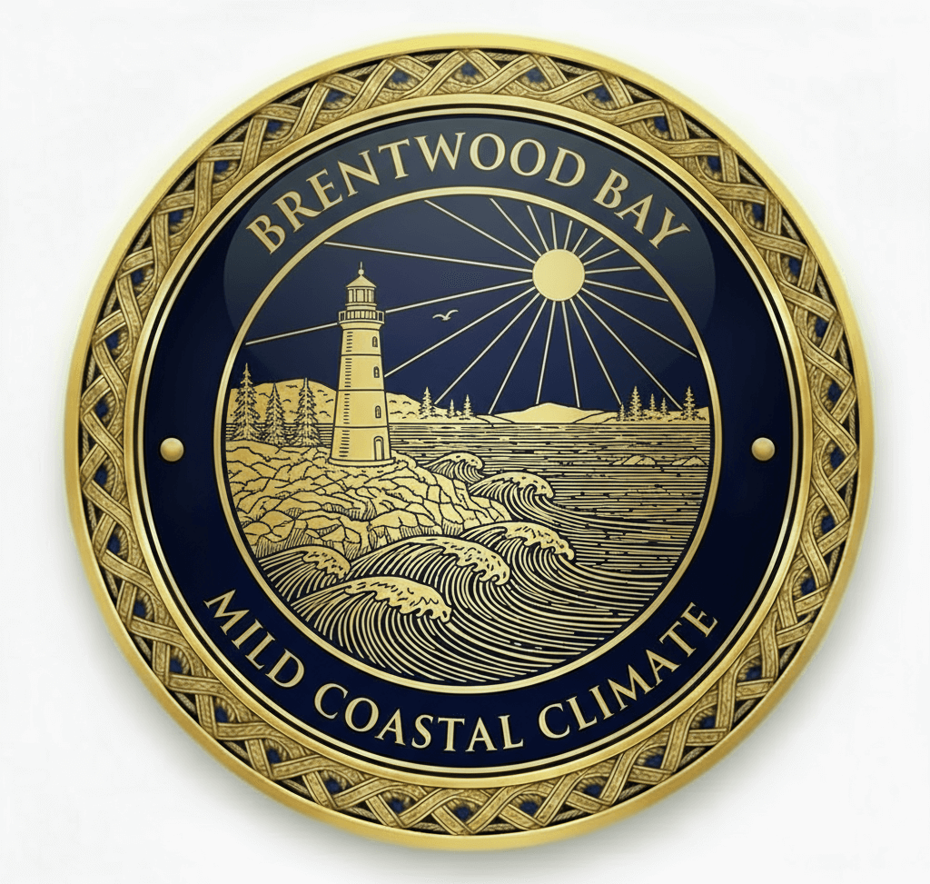 Brentwood Bay BC Mild Coastal Climate medallion icon featuring lighthouse, gentle sun, coastal waves, and pleasant weather elements for year-round senior comfort with vintage engraving style