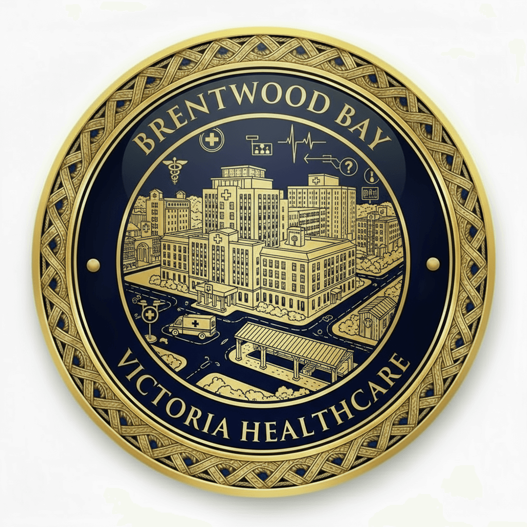 Brentwood Bay BC Victoria Healthcare Proximity medallion icon featuring comprehensive hospital complex, medical facilities, ambulance, and healthcare infrastructure for seniors with professional medallion design