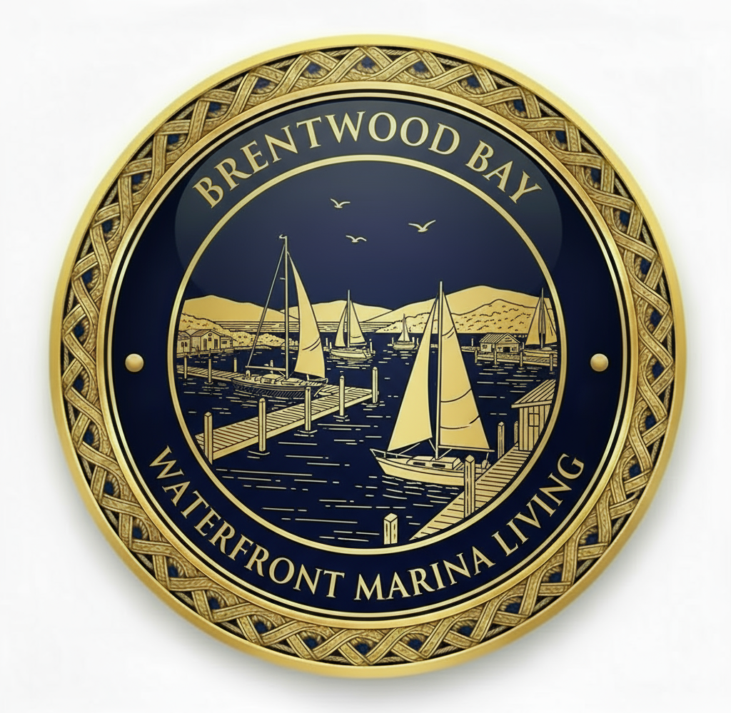 Brentwood Bay BC Waterfront Marina Living medallion icon featuring detailed sailboats, yacht docks, marina facilities, and waterfront lifestyle for seniors with gold engraving on navy background