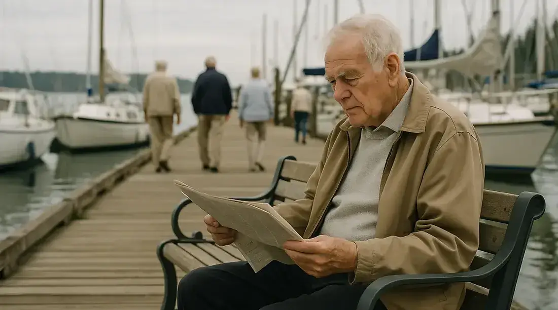 Elderly gentleman reading newspaper on marina bench with sailboats and wooden docks at peaceful Brentwood Bay marina on Saanich Inlet - tranquil waterfront lifestyle for seniors British Columbia