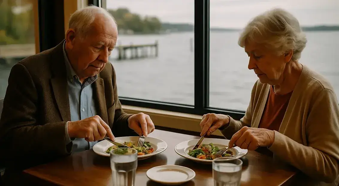 Senior couple enjoying quiet lunch together at waterfront restaurant table with beautiful water views through window - intimate fine dining experience for elderly Brentwood Bay BC