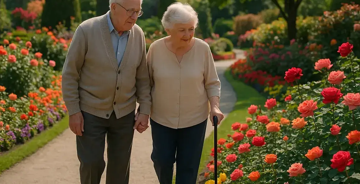 Senior couple walking hand-in-hand through vibrant rose gardens at world-famous Butchart Gardens in Brentwood Bay BC, elderly woman using walking cane for accessibility - botanical garden experience for seniors Vancouver Island
