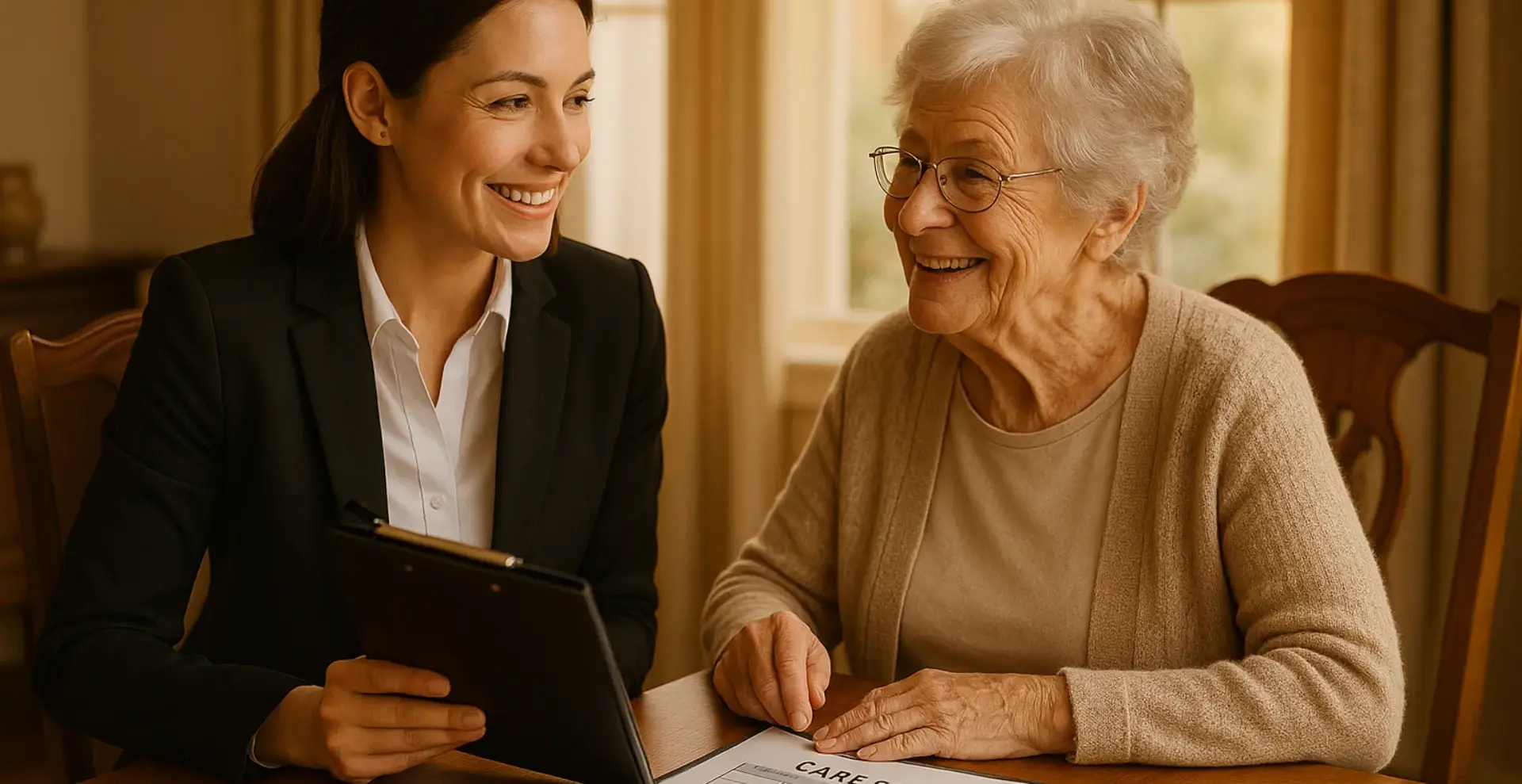 Professional caregiver reviewing personalized care schedule and coordination plan with senior woman for 24-hour home care in Victoria BC