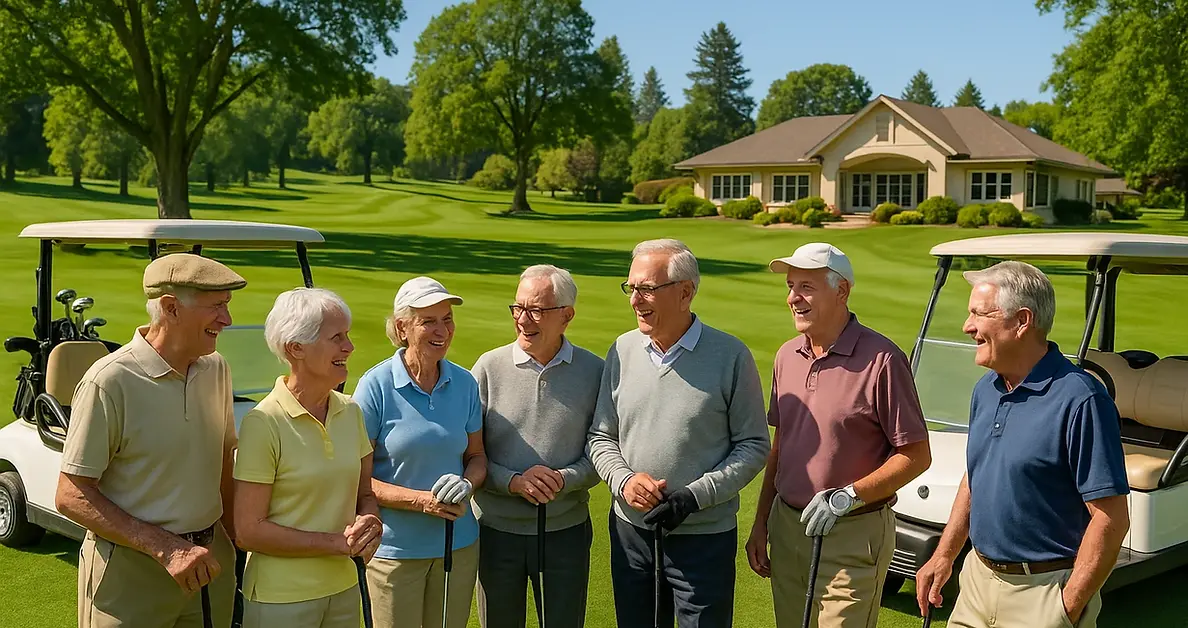 Cedar Hill Golf Course senior community programs Saanich BC - Senior golfers socializing at beautiful parkland course with golf carts and clubhouse