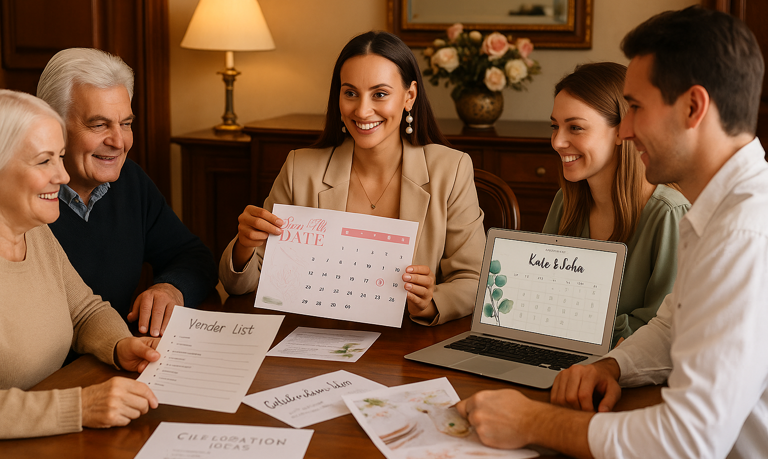 Celebration planning consultation Victoria BC - Professional event coordinator reviewing timeline with senior clients