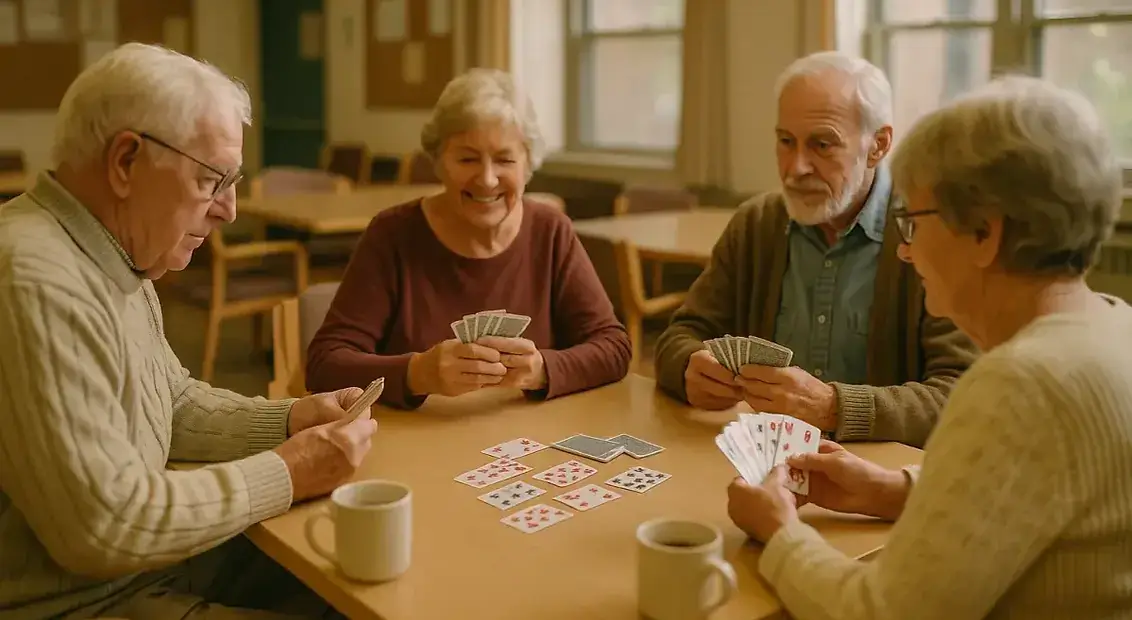 Four seniors playing cards around table with coffee cups in bright community center - social activities friendship and community programs for elderly Central Saanich BC