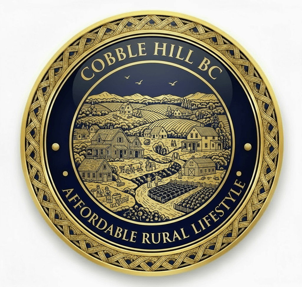 Gold medallion icon featuring charming farmhouse homes with detailed Victorian rural architecture, beautiful agricultural fields with farming activities, elegant barns and farm buildings, peaceful country roads representing affordable rural lifestyle for seniors in Cobble Hill BC