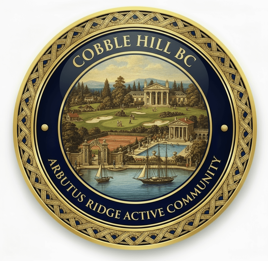 Gold medallion icon featuring elegant Arbutus Ridge 55+ gated community with neoclassical clubhouse, championship golf courses, tennis courts, swimming pool complex, woodworking studios, ceramics workshops, and sailing boats representing premier active adult living for seniors in Cobble Hill BC