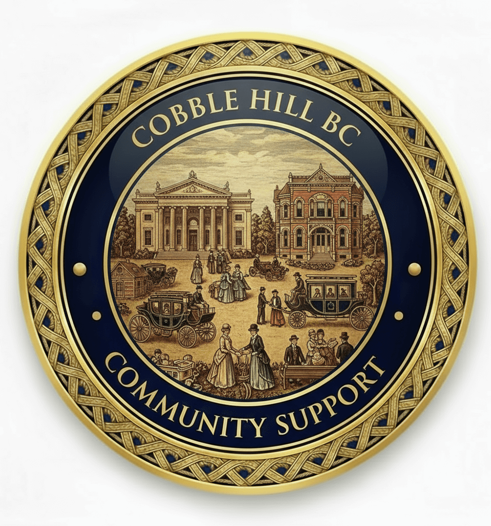 Gold medallion icon featuring elegant community center with neoclassical architecture, Better at Home program activities, transportation services, Age-Friendly Community Project elements, community volunteers helping seniors representing community support for seniors in Cobble Hill BC