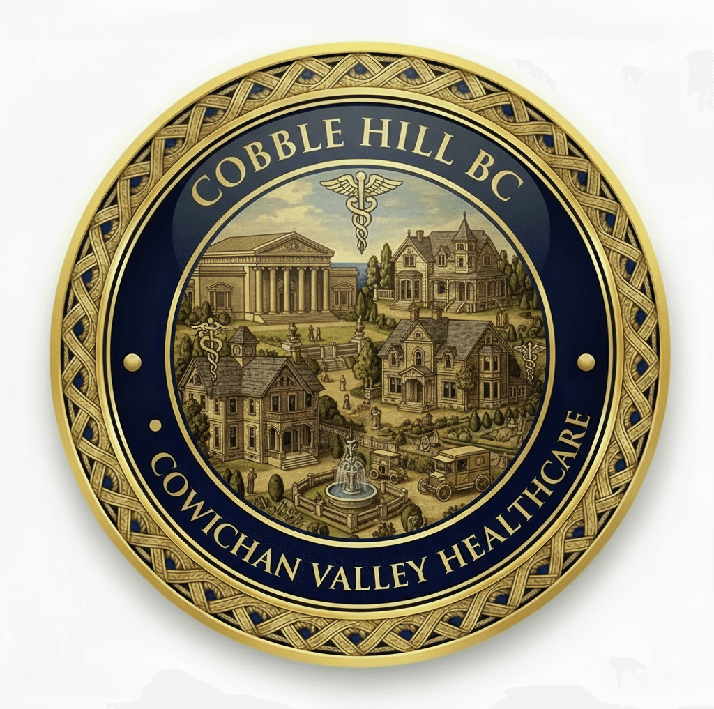 Gold medallion icon featuring Valleyview Treatment Centre with detailed neoclassical medical architecture, multiple walk-in clinics, ornate caduceus medical symbols, ambulance and medical transport, beautiful healing gardens representing comprehensive healthcare access for seniors in Cobble Hill BC