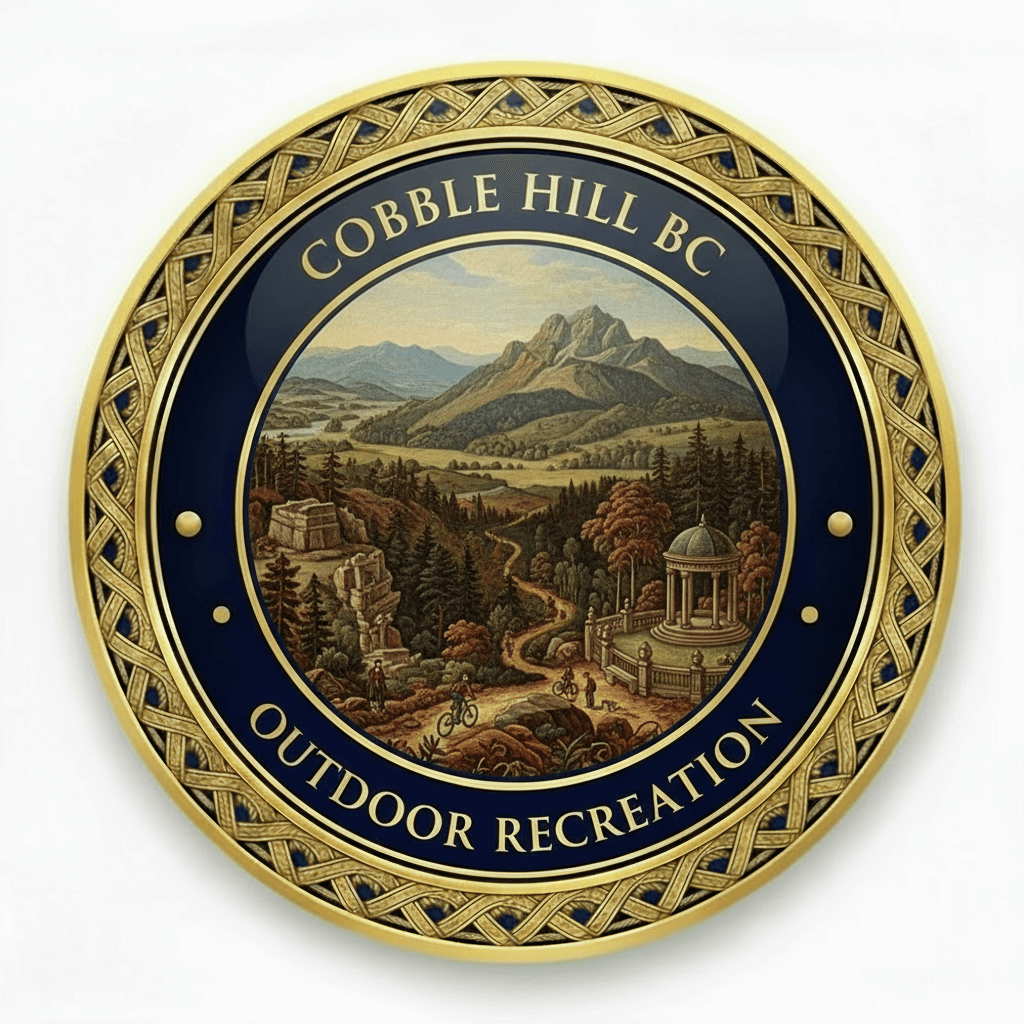 Gold medallion icon featuring majestic Cobble Hill Mountain with 26 kilometers of recreational trails, mountain bikers and hikers on scenic paths, Quarry Nature Park, Memorial Park, and classical pavilion representing outdoor recreation and natural beauty for seniors in Cobble Hill BC