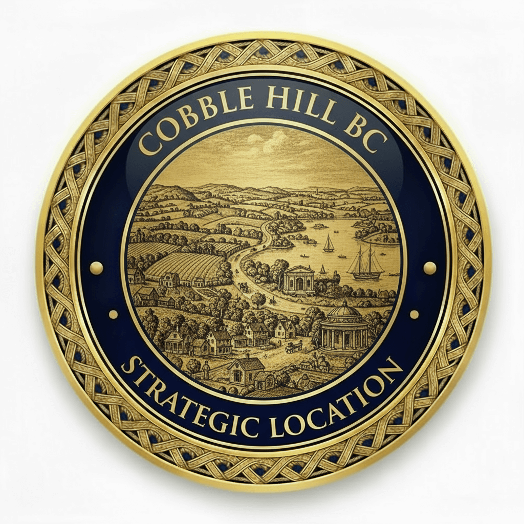 Gold medallion icon featuring picturesque Cowichan Valley farming village with detailed Victorian architecture, scenic highway connecting to Victoria, Shawnigan Lake recreational facilities, Mill Bay seaside marina representing strategic location and accessibility for seniors in Cobble Hill BC