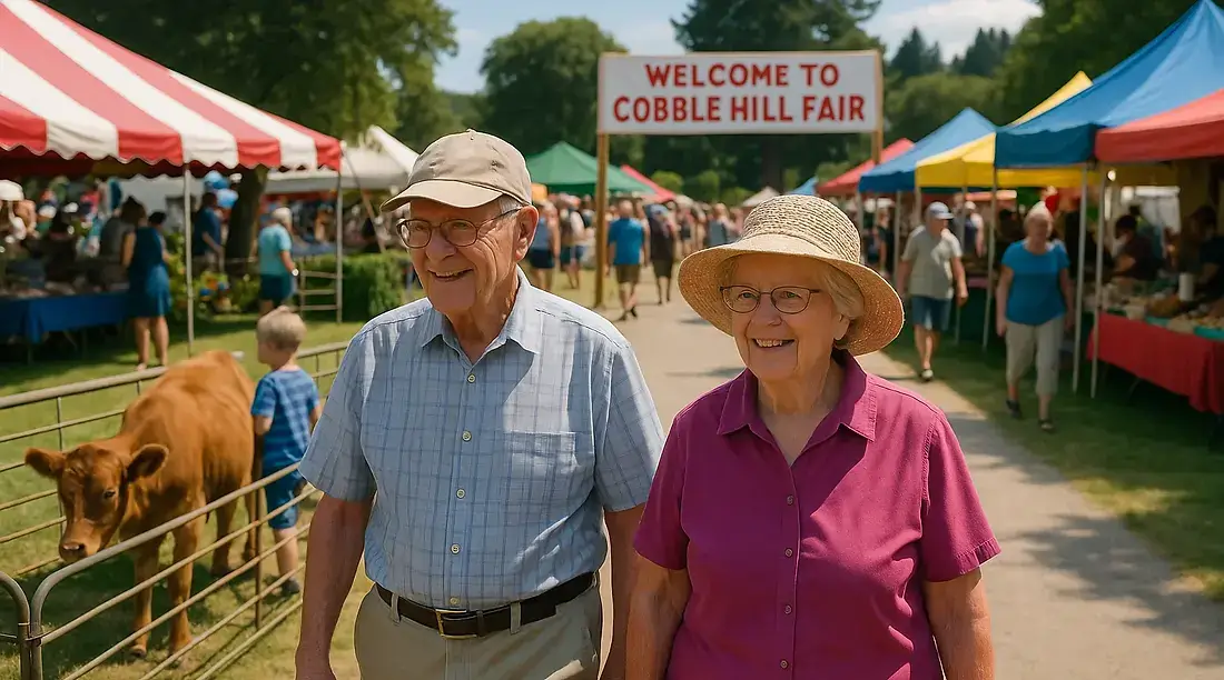 Seniors enjoying historic Cobble Hill Fair with agricultural displays and community atmosphere, annual country fair since 1909