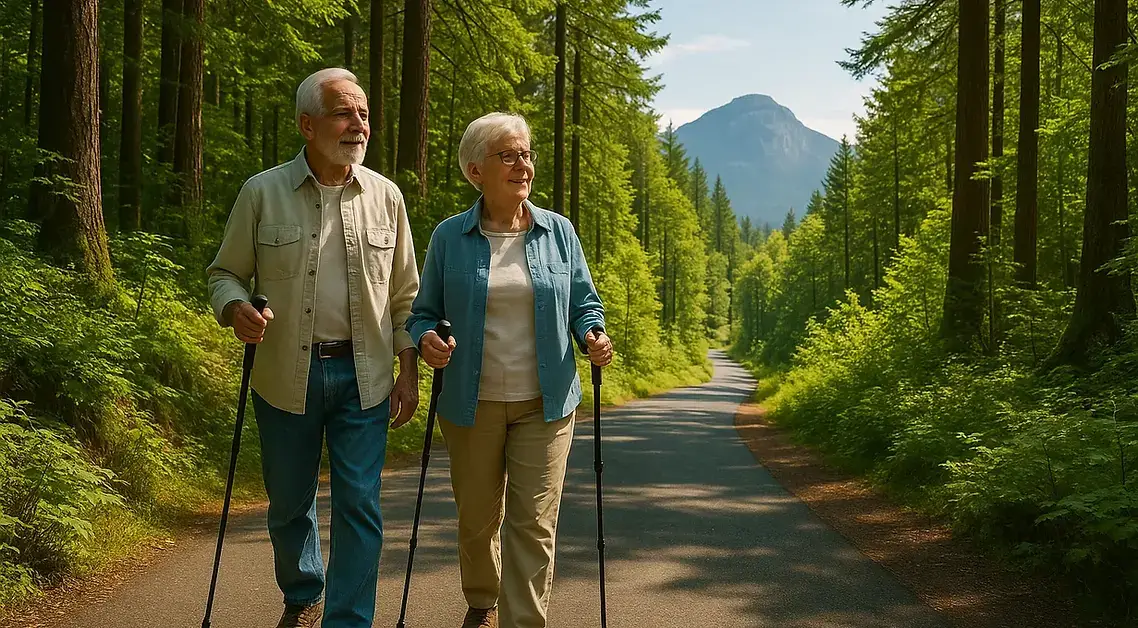 Active seniors hiking accessible trails at Cobble Hill Mountain Regional Recreation Area with scenic mountain views