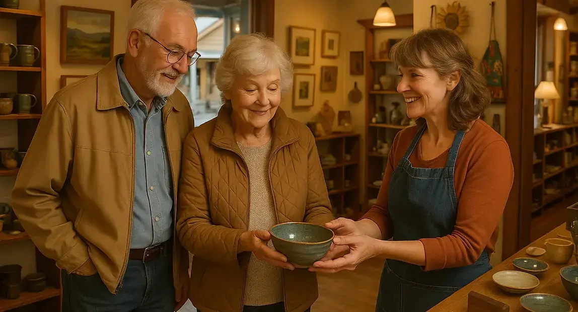 Seniors browsing local artisan galleries and pottery in charming Cobble Hill village, supporting local artists and craftspeople