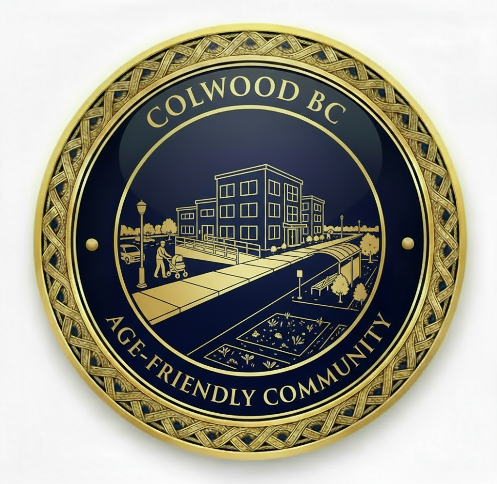 Colwood BC Age-Friendly Community medallion icon featuring accessible buildings with wheelchair ramps, senior-friendly infrastructure, community planning elements, and supportive urban environments representing official WHO Age-Friendly Community recognition for seniors living with vintage nautical Celtic knotwork border design