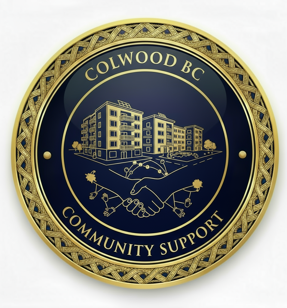 Colwood BC Community Support medallion icon featuring affordable housing apartment buildings, helping hands symbols, community connections, long-term care facilities, and social support network elements representing comprehensive senior support services with vintage Celtic design
