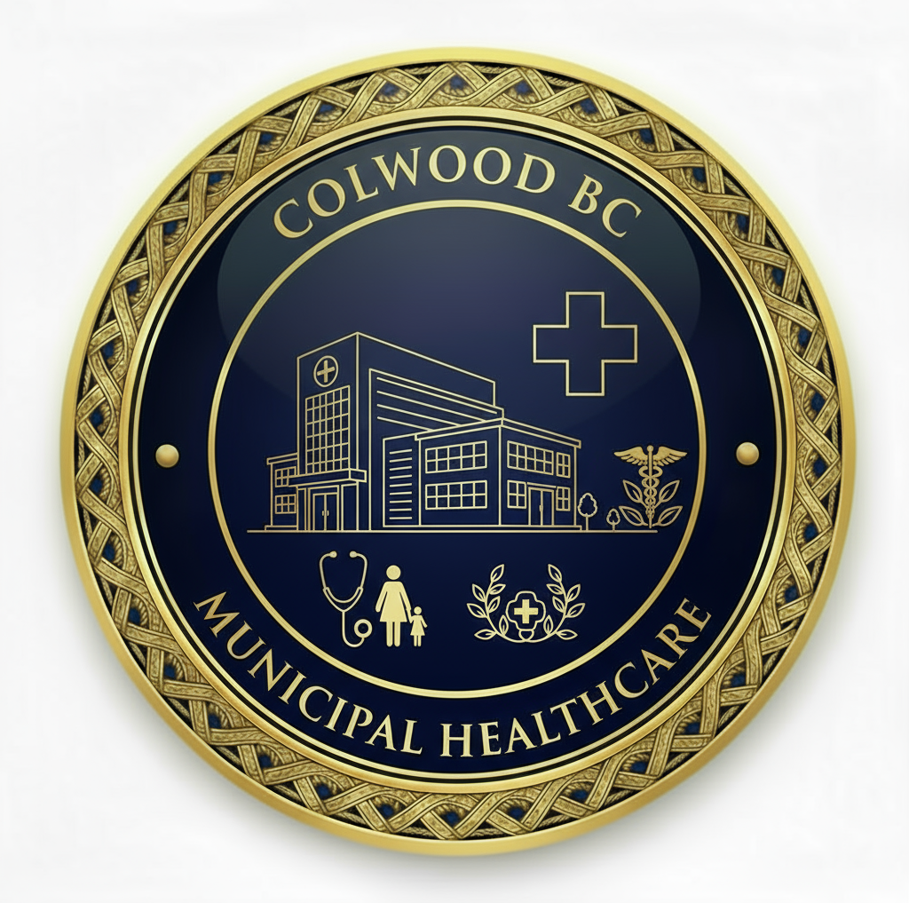 Colwood BC Municipal Healthcare medallion icon featuring The Colwood Clinic building, medical cross symbol, stethoscope, caduceus medical symbol, and family doctor services representing innovative city-employed healthcare model for seniors with professional gold engraving on navy background