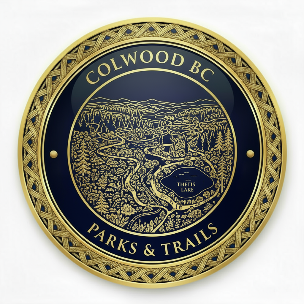 Colwood BC Municipal Healthcare medallion icon featuring The Colwood Clinic building, medical cross symbol, stethoscope, caduceus medical symbol, and family doctor services representing innovative city-employed healthcare model for seniors with professional gold engraving on navy background