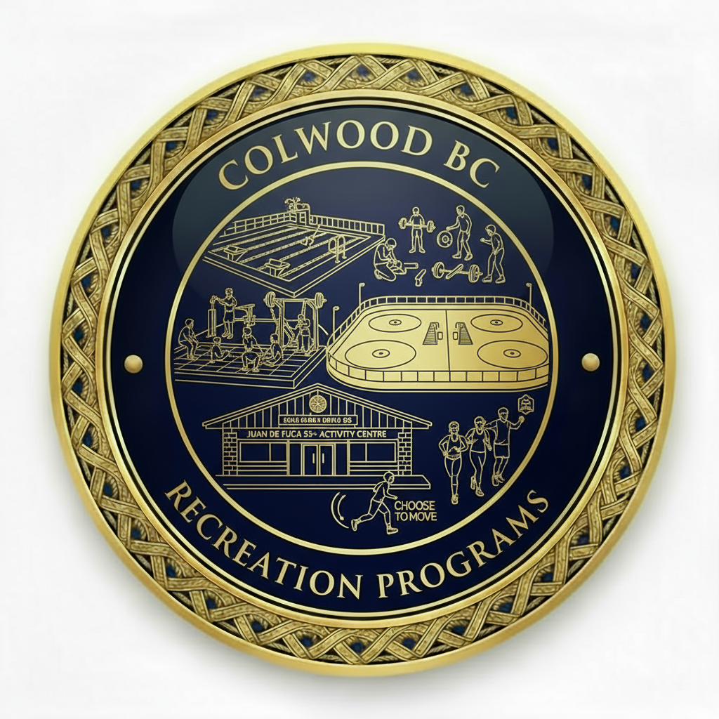 Colwood BC Recreation Programs medallion icon featuring West Shore Parks Recreation facilities, swimming pool with lanes, ice hockey rinks, Juan de Fuca 55+ Activity Centre building, Choose to Move fitness programs, and exercise equipment for seniors with professional medallion design
