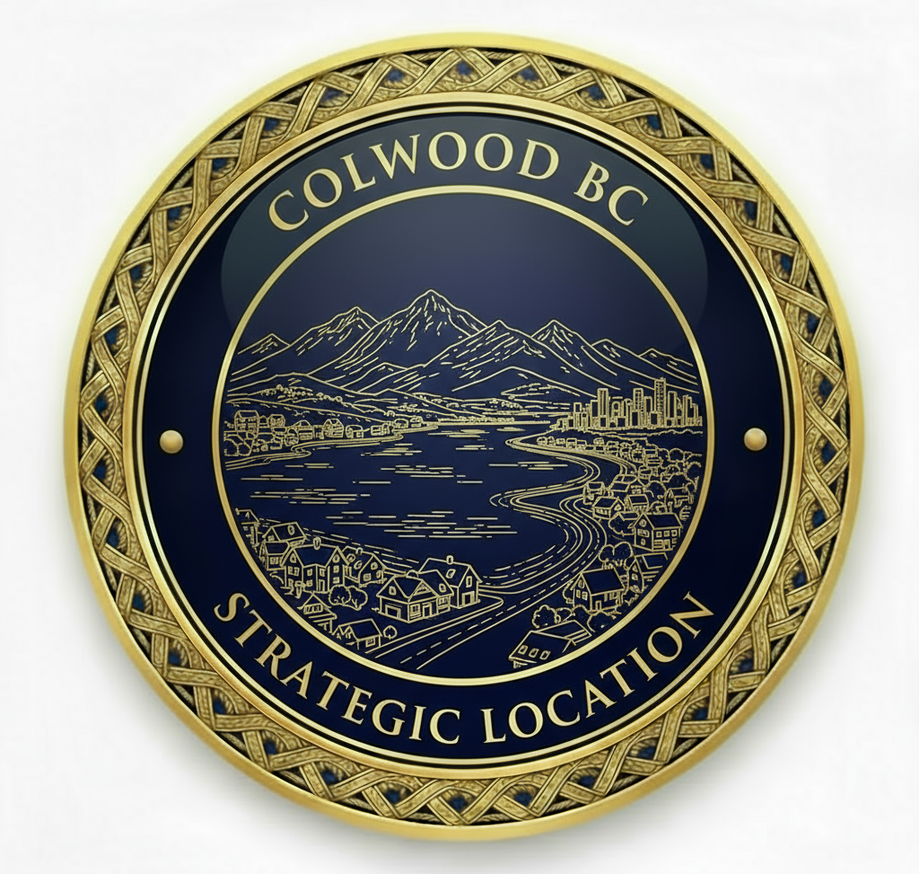 Colwood BC Strategic Location medallion icon featuring mountain ranges, lakes, coastal waters, small-town residential community, and proximity to Victoria downtown skyline representing perfect balance of natural beauty and urban access for seniors with detailed landscape artwork