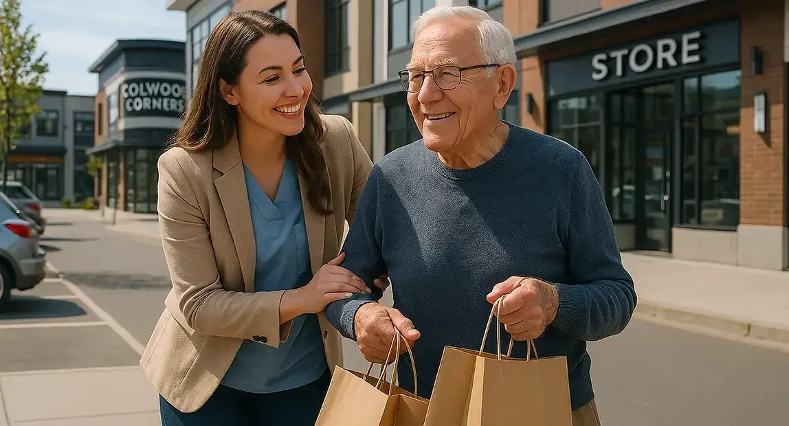 Caregiver assisting senior with shopping at Colwood Corners community hub in Colwood BC