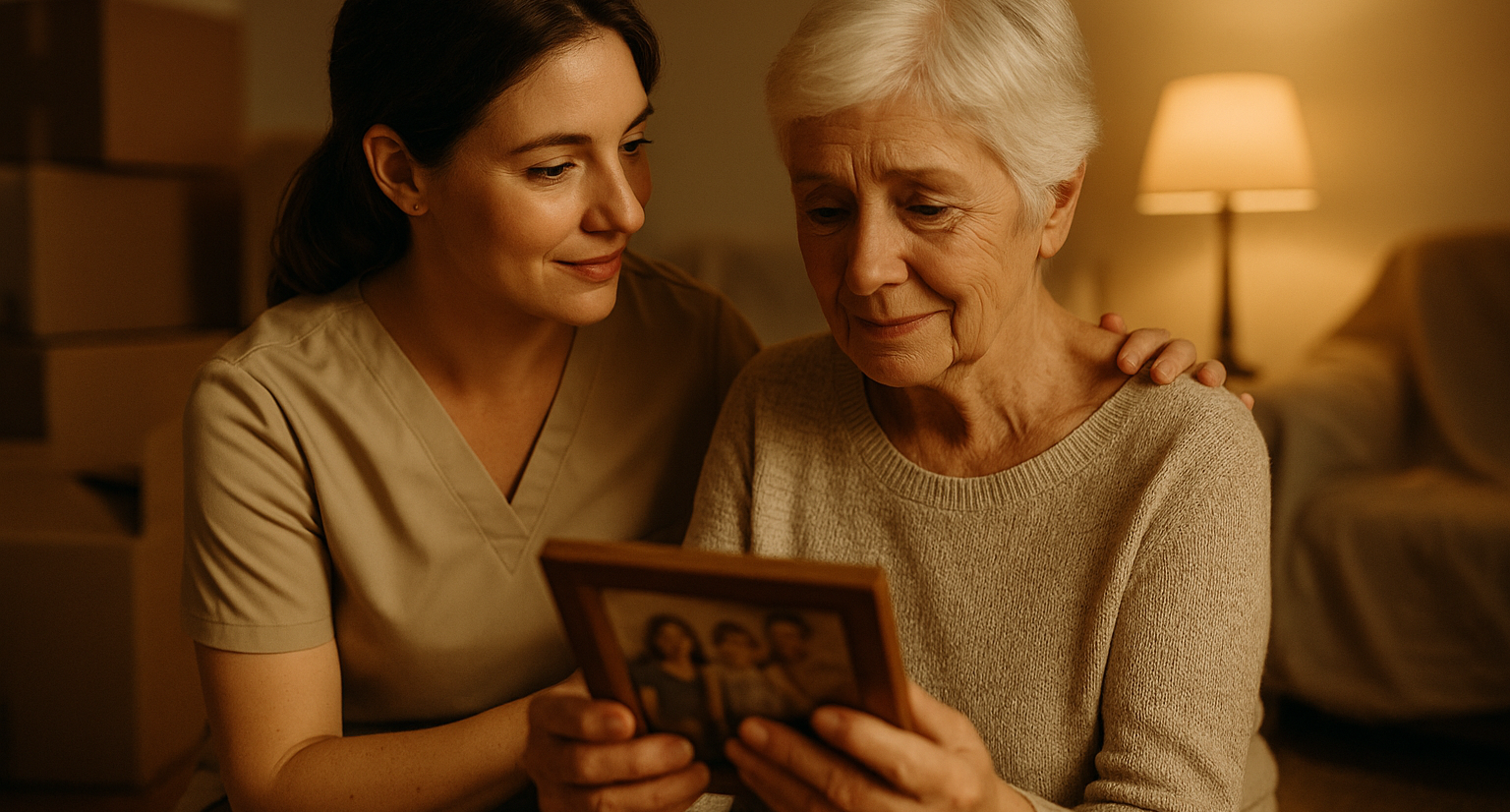 Compassionate home transition emotional support Victoria - Care coordinator providing comfort to senior woman during difficult transition