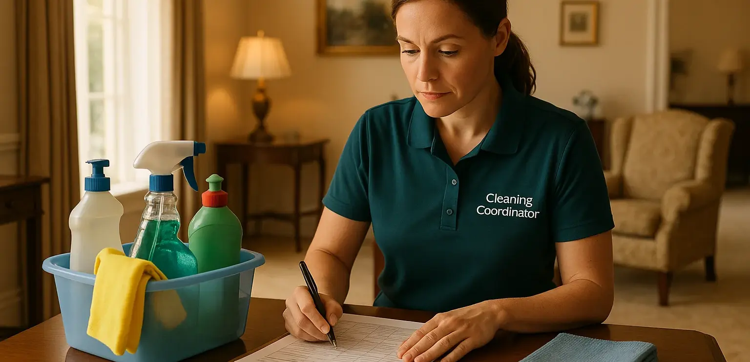 Professional cleaning coordinator organizing deep cleaning services with systematic planning and quality supplies in senior home Victoria BC