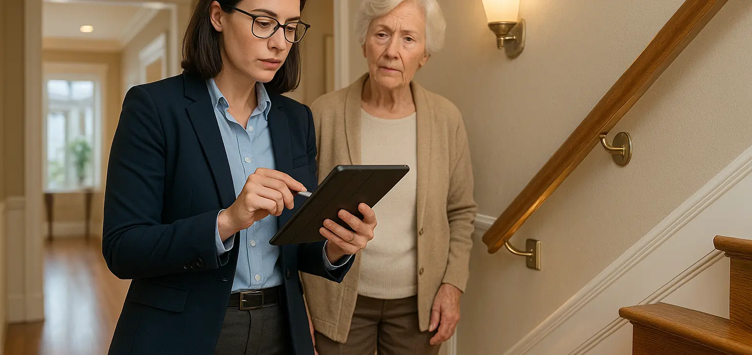 Professional conducting comprehensive fall risk assessment and environmental evaluation in Victoria BC home stairway