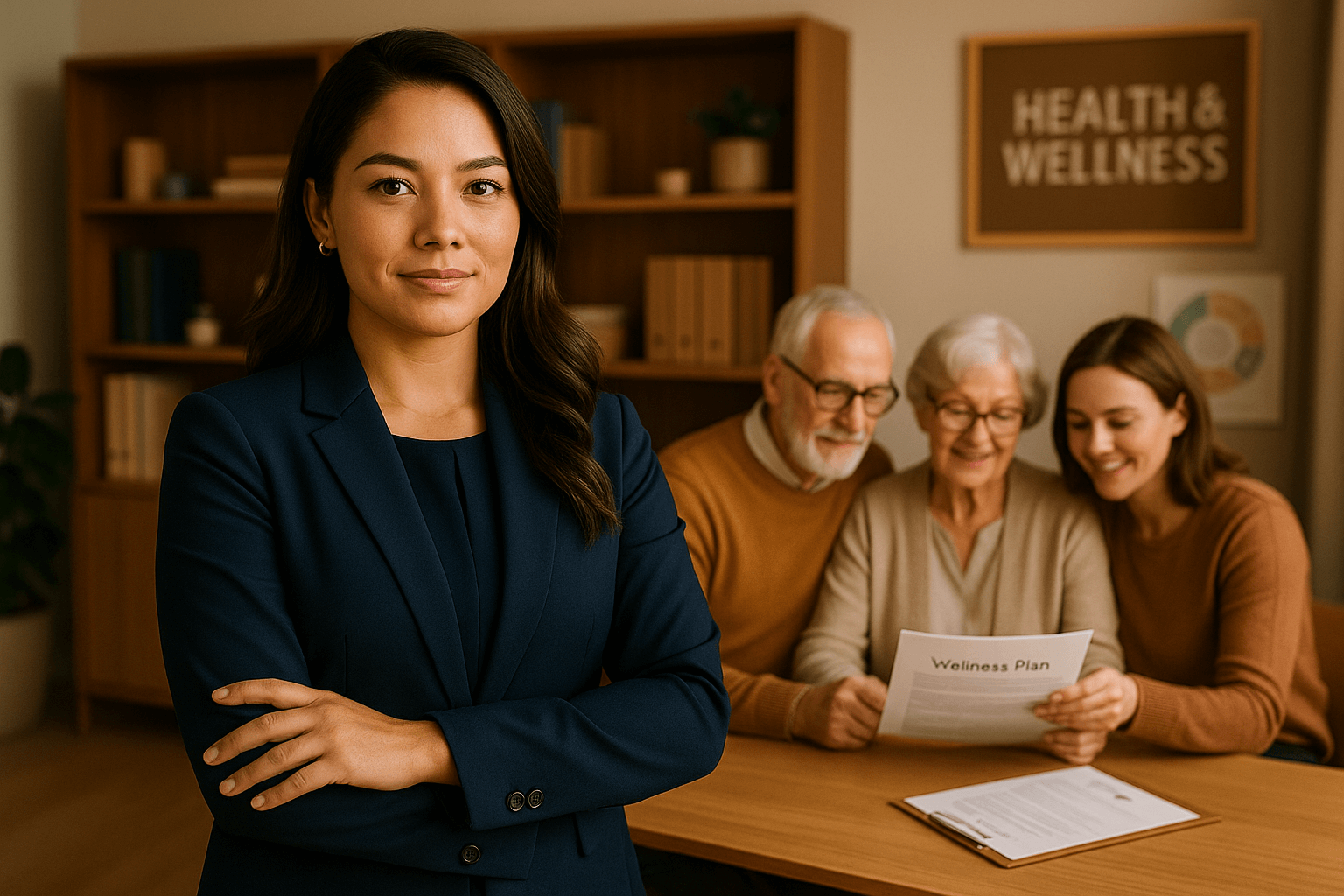 Health and wellness coordination meeting with professional coordinator and clients discussing comprehensive wellness plans