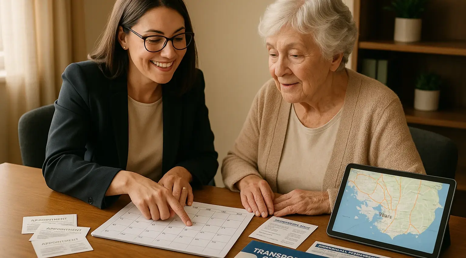 Senior transportation coordination Victoria BC - professional coordinator reviewing appointment schedules and maps with elderly woman in warm office setting