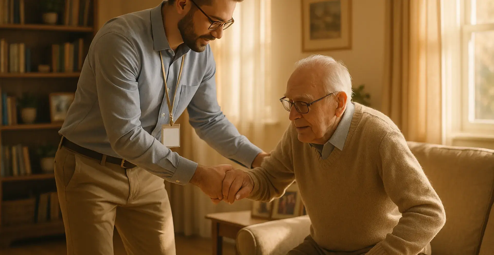 Professional male caregiver providing continuous care and daily living support helping senior man with mobility in Victoria BC home