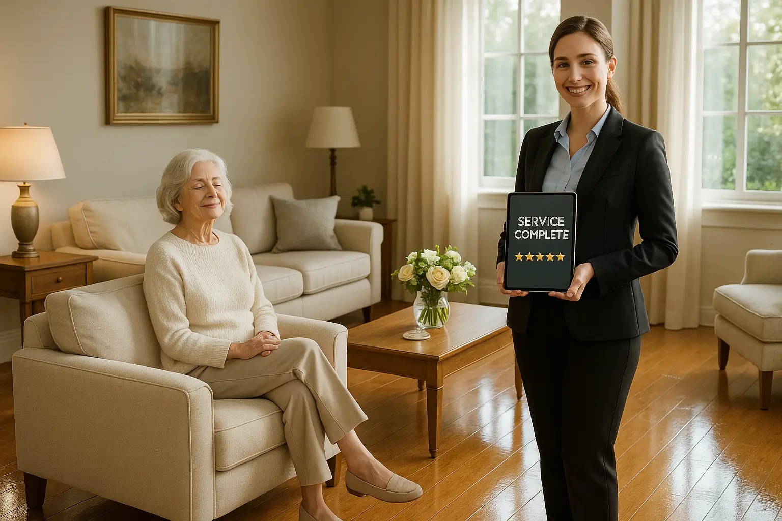 Deep home cleaning services Victoria BC - satisfied senior client in immaculate clean home with professional service coordinator