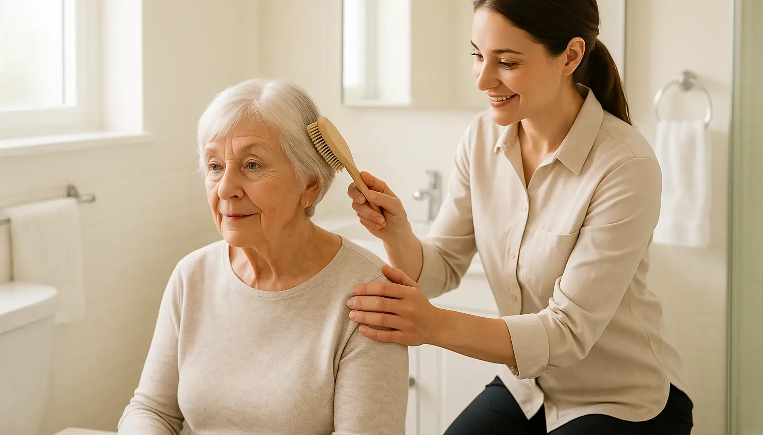 Alzheimer's & Dementia Care Victoria BC 2 Professional caregiver providing dignified dementia personal care and grooming assistance to senior woman in Victoria BC