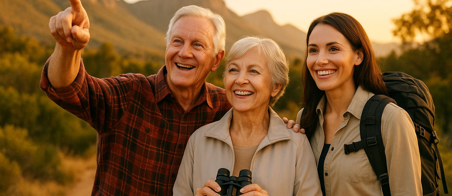 Happy elderly couple with professional female travel companion on scenic outdoor adventure hiking trail