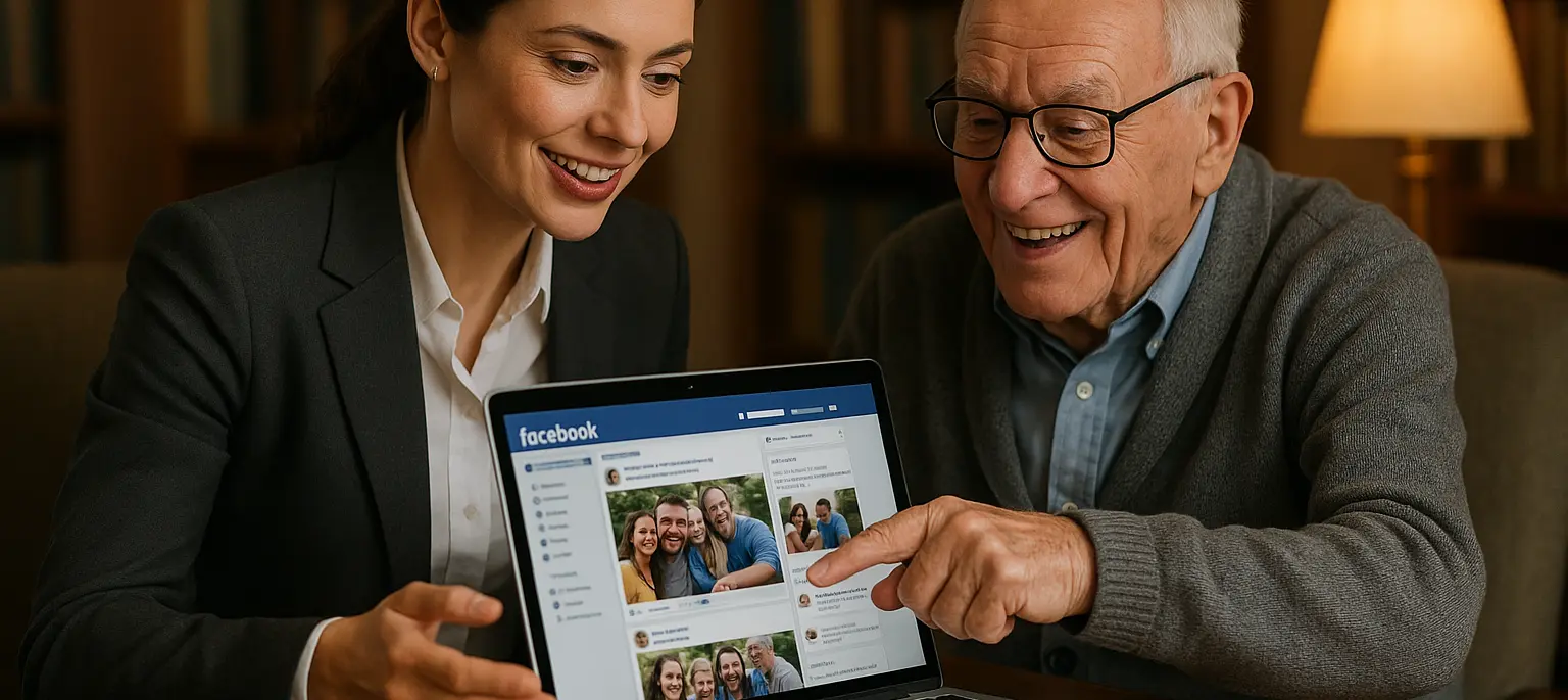 Elderly laptop Facebook training Victoria BC - professional senior care specialist teaching elderly man Facebook social media on laptop computer - in-home care Victoria digital support