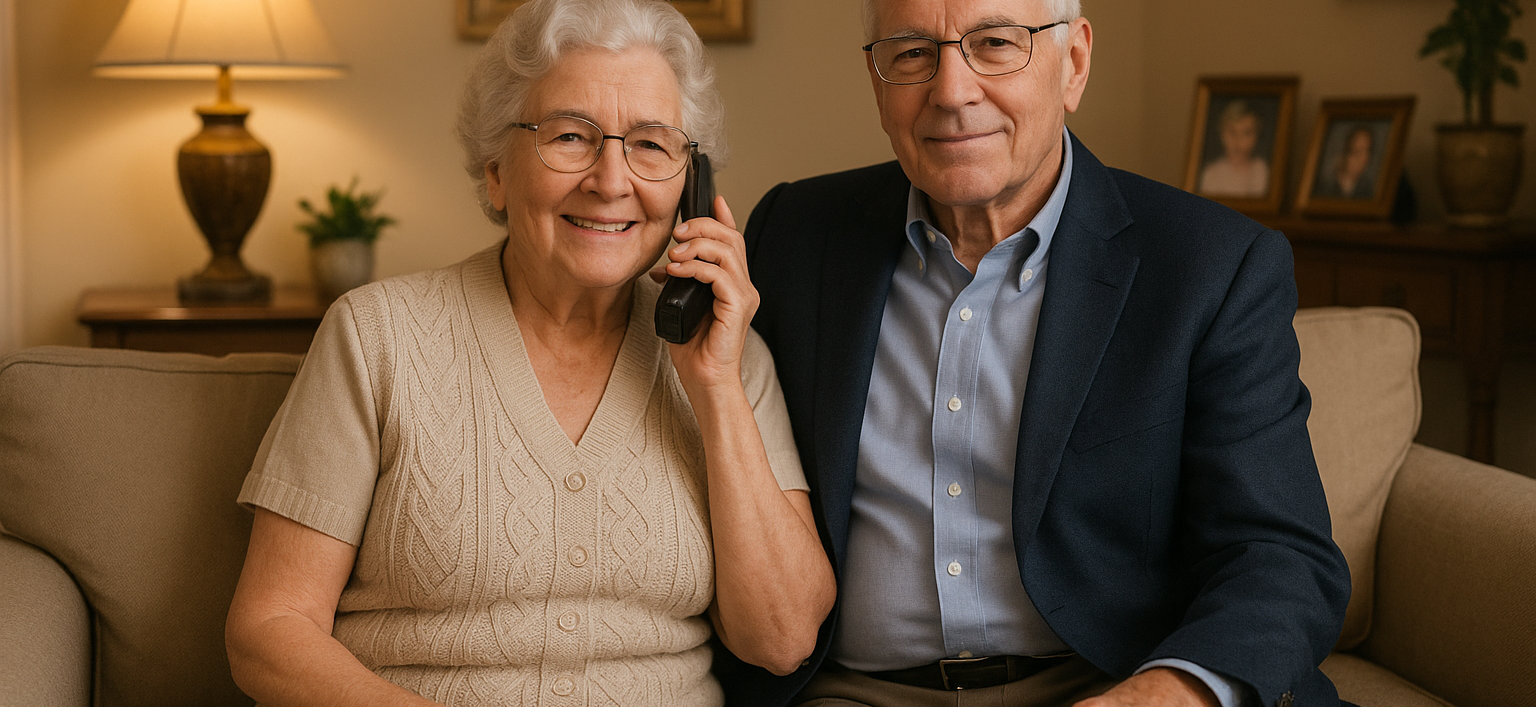 Senior couple receiving wellness monitoring call providing family peace of mind in Victoria