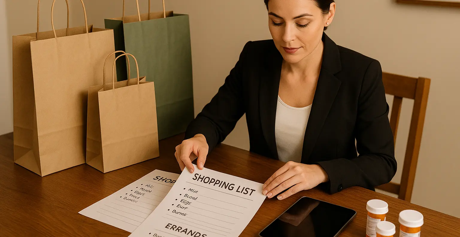 Professional female personal assistant organizing schedules and coordinating comprehensive concierge services for seniors in Victoria BC office