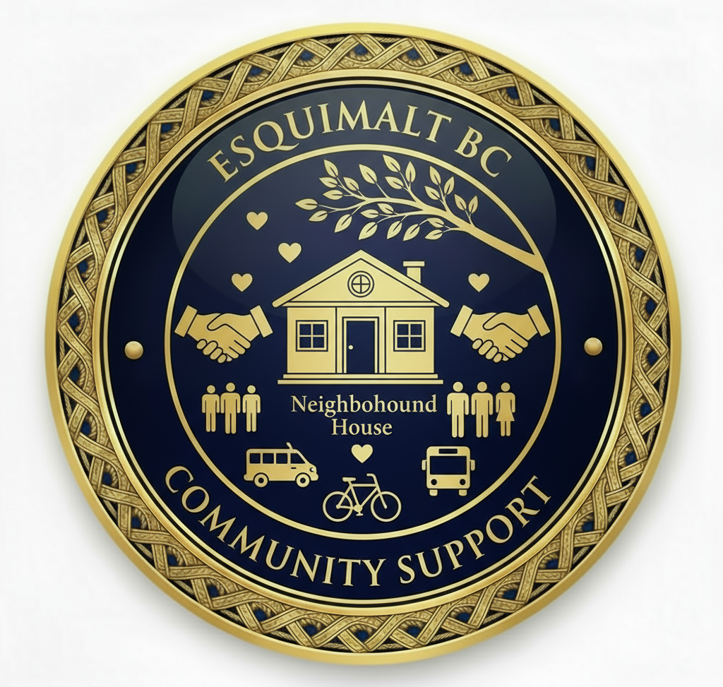 Esquimalt BC Community Support Services medallion icon featuring Neighbourhood House building, helping hands, hearts, transportation services, and community care symbols representing comprehensive senior support network with vintage design