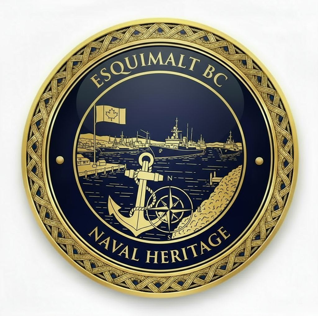 Esquimalt BC Naval Heritage medallion icon featuring CFB Esquimalt naval ships, Canadian flag, maritime facilities, anchor, and compass representing Canada's Pacific Coast naval base history for seniors with professional gold engraving
