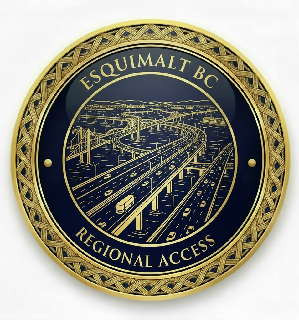 Esquimalt BC Regional Access medallion icon featuring detailed transportation networks, bridges, highways, and Greater Victoria connectivity representing convenient access to 13 municipalities for seniors with intricate artwork
