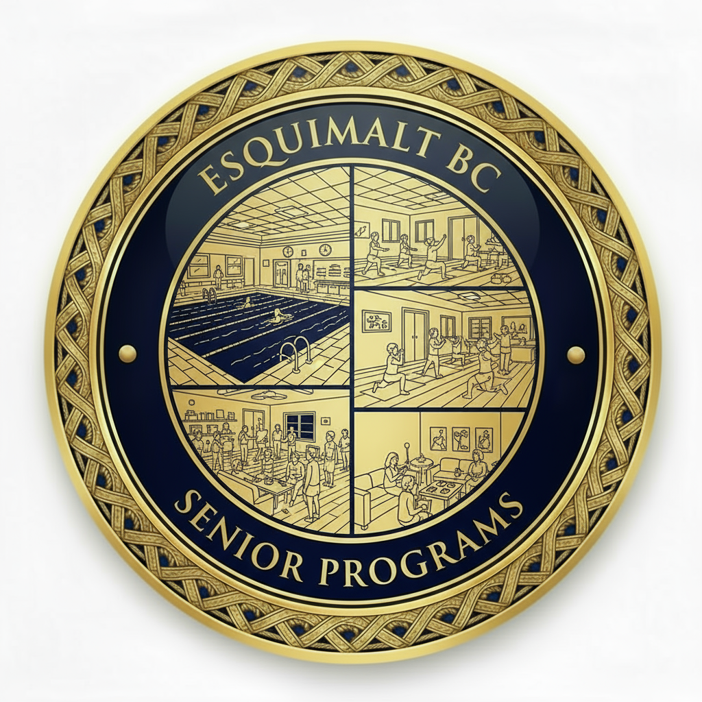 Esquimalt BC Senior Recreation Programs medallion icon featuring detailed multi-level recreation center with swimming pool, fitness classes, art studios, social spaces, and 50+ activities for active aging with professional medallion design