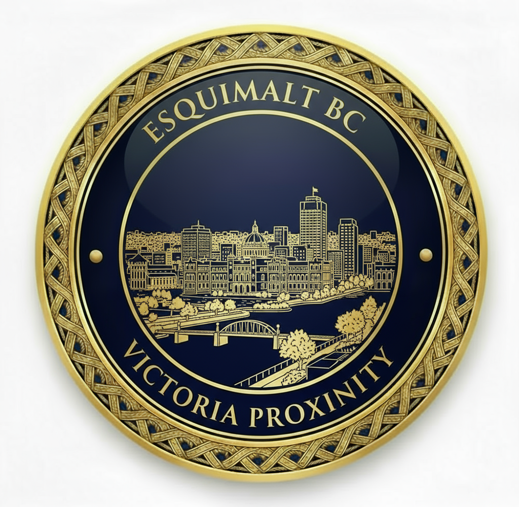 Esquimalt BC Waterfront Natural Beauty medallion icon featuring coastal scenery with sailboats, harbours, ocean views, and waterfront docks representing scenic coastal living for seniors with detailed engraving