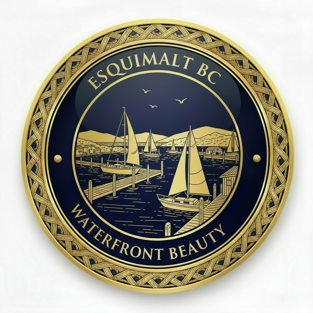 Esquimalt BC Waterfront Natural Beauty medallion icon featuring coastal scenery with sailboats, harbours, ocean views, waterfront docks, and seabirds representing scenic coastal living for seniors with detailed engraving