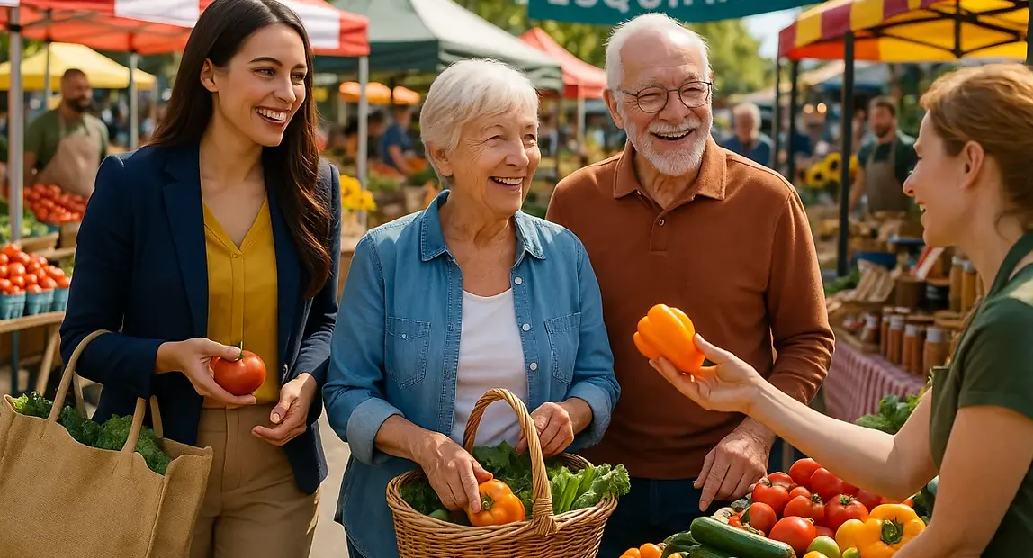 Esquimalt Farmers Market community outings for seniors - companion caregiver helping senior couple browse fresh local produce and interact with friendly vendors