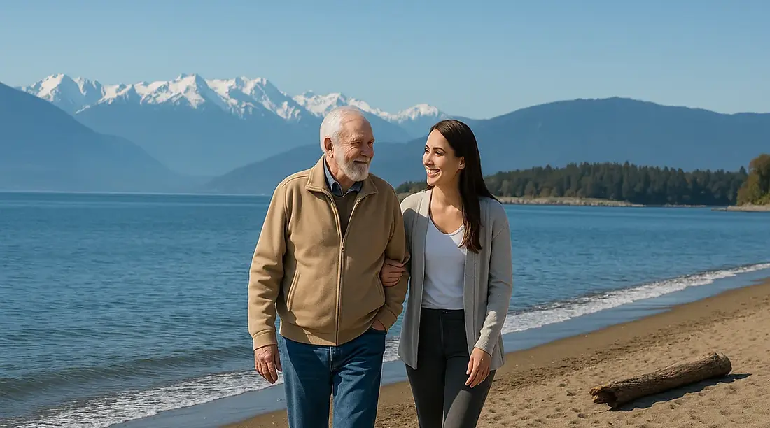 Senior and caregiver enjoying peaceful beach walk at Esquimalt Lagoon in Colwood BC with mountain views