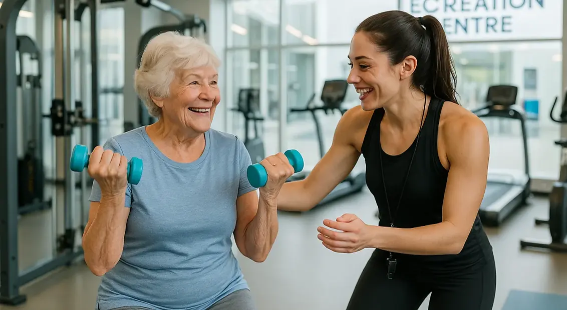 Esquimalt Recreation Centre senior fitness programs - professional fitness coordinator assisting senior woman with gentle exercise activities in modern facility