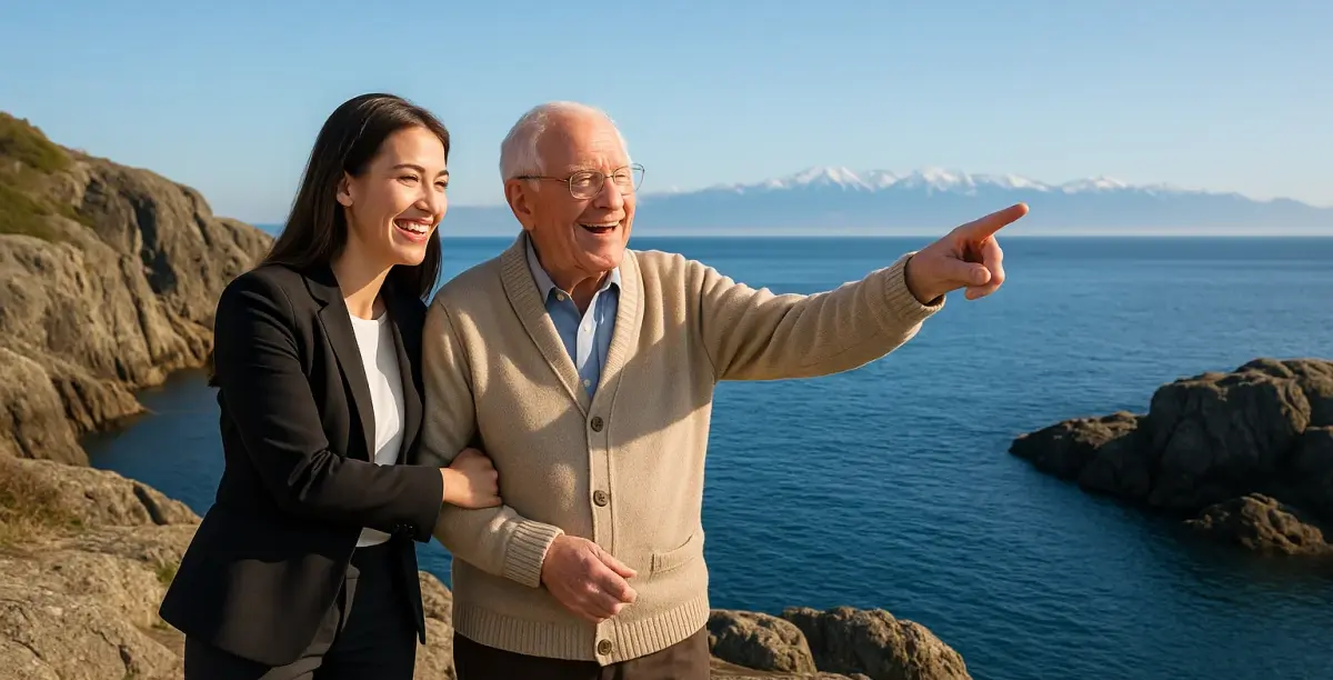 Senior care services at Saxe Point Park Esquimalt BC with Olympic Mountains views - elderly care and companionship
