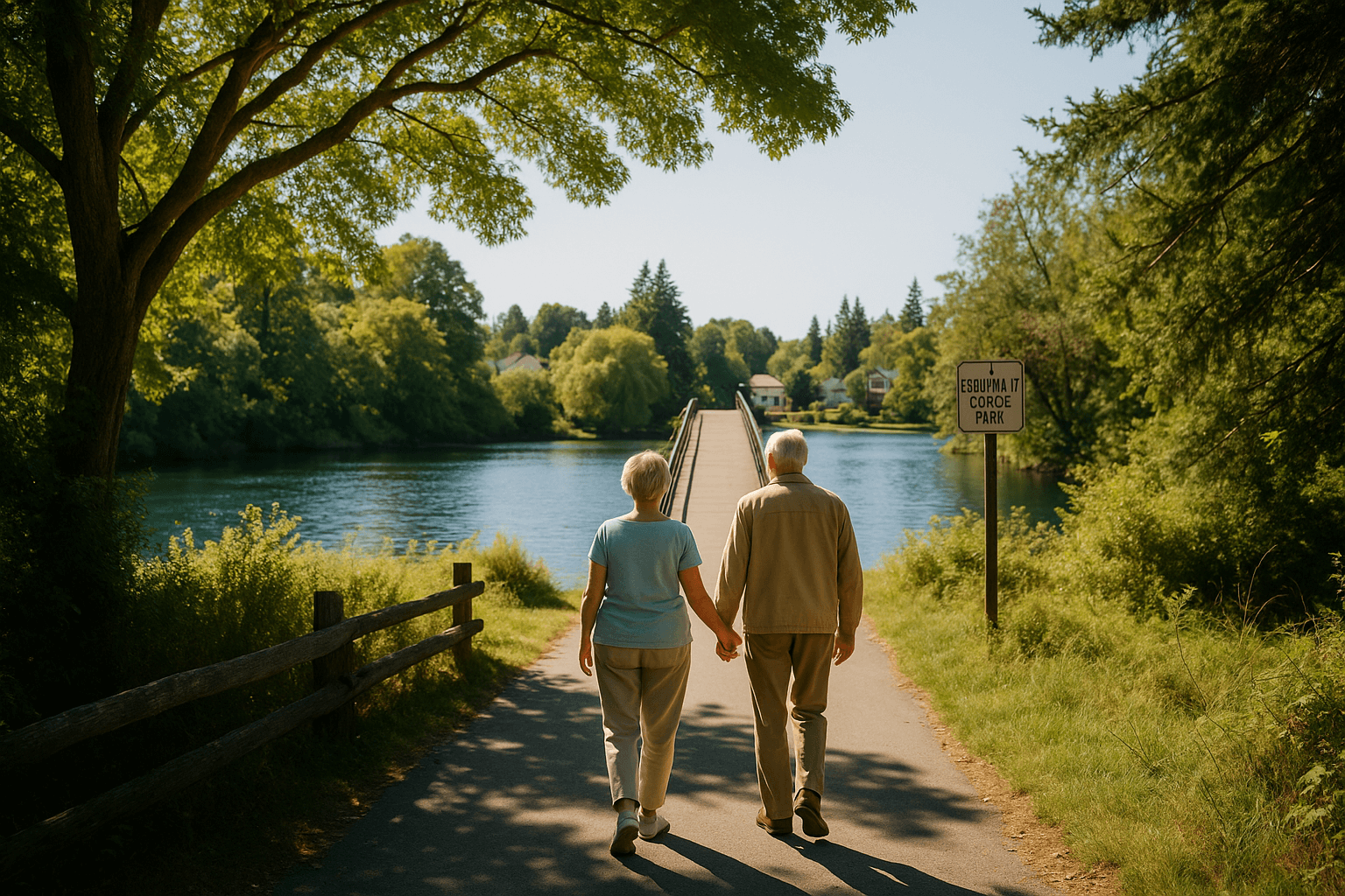 Senior couple walking at Esquimalt Gorge Park BC - professional home care services for aging in place