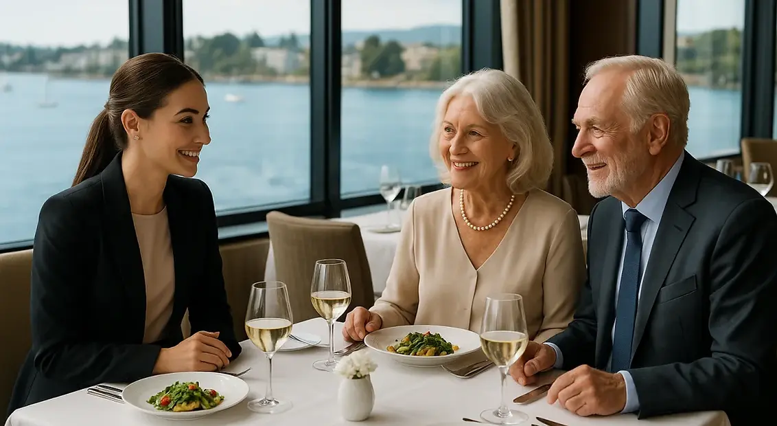 Esquimalt waterfront dining and senior lifestyle experiences - elegant lifestyle coordinator facilitating refined dining experience with senior couple at upscale restaurant with ocean views